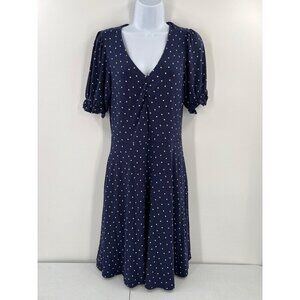 Boden 6L Navy‎ White Polka Dot Dress Retro Pin Dot Jersey Puff Sleeve Midi